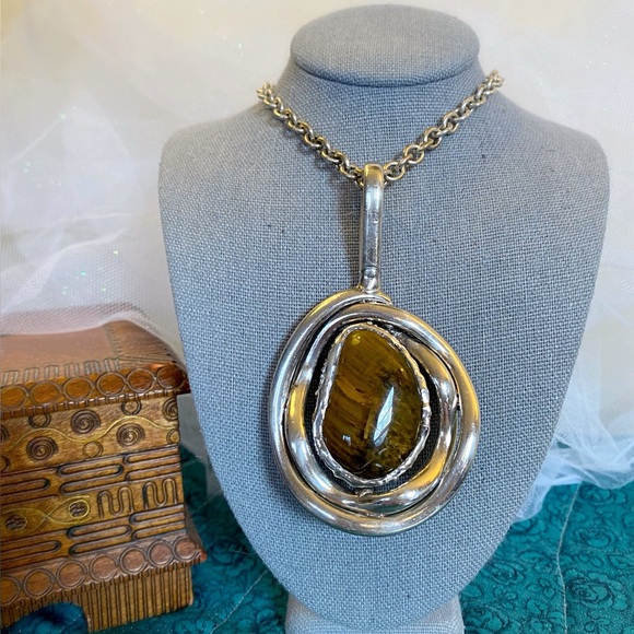 Jewelry - Large Vintage Tiger Eye Pendant with Chain